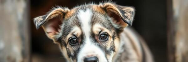 Cute puppy with striking eyes looking curiously outdoors in a rustic setting during daylight photo