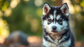 Playful puppy enjoying a sunny day at the park with blurred green background photo