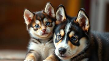 Adorable puppy and kitten cuddling together indoors in a cozy setting photo