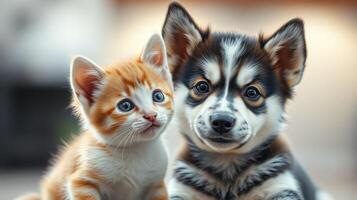 Adorable kitten and puppy sit side by side in a cozy indoor setting, showcasing their companionship photo