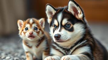 Cute puppy and kitten together in a cozy indoor setting enjoying a playful moment during a sunny afternoon photo
