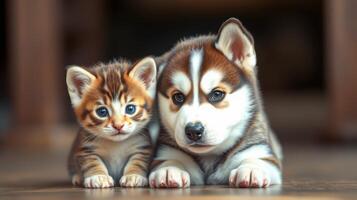 Cute puppy and kitten snuggle together on a wooden floor in a cozy indoor setting during the afternoon photo
