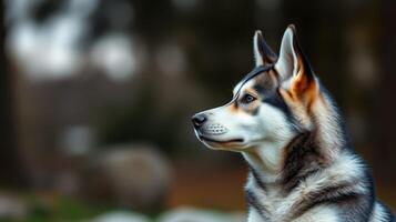 Siberian husky gazing thoughtfully in a natural setting during a calm afternoon photo