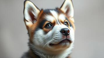 Cute corgi puppy with distinctive coat pattern and expressive eyes looking curiously towards the camera indoors photo