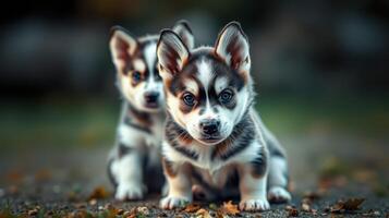 Adorable corgi puppies playing in a park during autumn with fallen leaves scattered on the ground photo