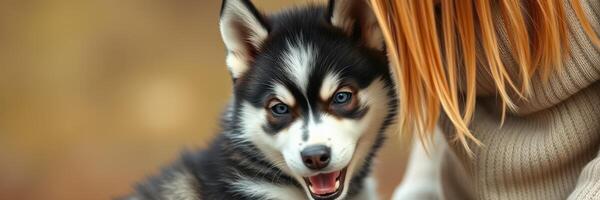 Happy Siberian Husky puppy with a woman in a cozy sweater enjoying a warm autumn day photo