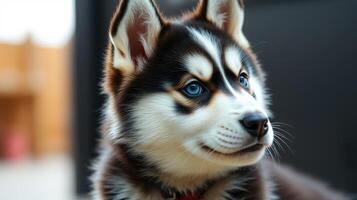 Cute husky puppy with striking blue eyes relaxing indoors in a cozy setting photo