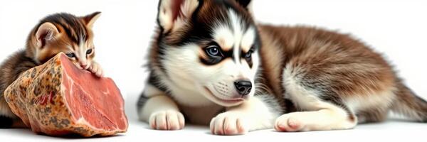 Cute husky puppy and playful kitten sharing a meal on a bright backdrop photo