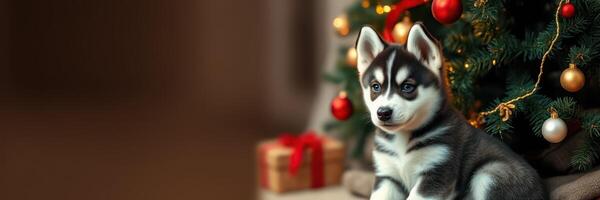 Cute husky puppy resting near beautifully decorated Christmas tree with ornaments and gifts in warm setting photo