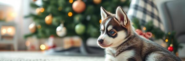 Cute puppy sits near a beautifully decorated Christmas tree with colorful ornaments in a cozy indoor space photo