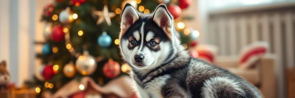Charming husky puppy in a festive living room beside a decorated Christmas tree photo