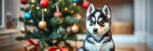 Cute husky puppy sitting by a decorated Christmas tree with colorful ornaments and presents photo