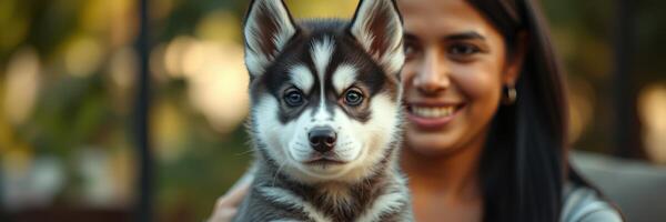 Smiling woman holds adorable husky puppy in outdoor setting during golden hour photo