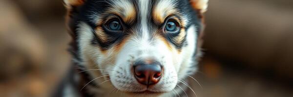 Close-up of a husky puppy with striking blue eyes exploring nature in soft sunlight photo