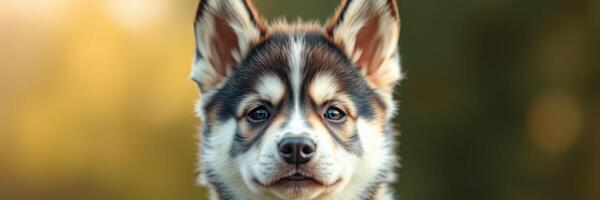 Adorable young husky puppy with striking features gazing curiously in a warm outdoor setting during golden hour photo