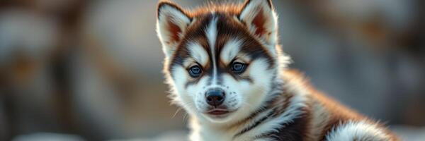 Cute and playful husky puppy with striking blue eyes enjoys a sunny day outdoors in a natural setting photo