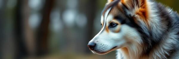 Siberian husky resting in a serene forest during the early morning hours photo