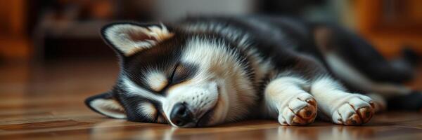 Soft husky puppy sleeping peacefully on wooden floor in cozy indoor setting photo