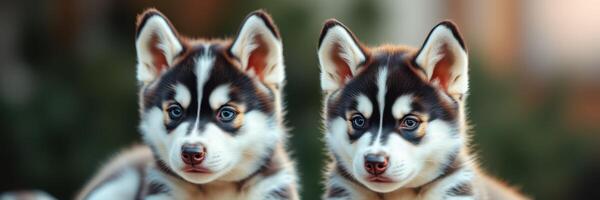 Two adorable husky puppies playfully sitting together in a sunny outdoor setting photo