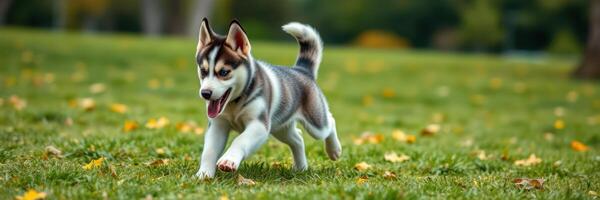 Happy husky puppy running joyfully in a park during autumn with colorful leaves photo