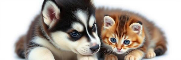 Cute puppy and kitten play together in bright, soft surroundings, showcasing their adorable bond and playful nature photo