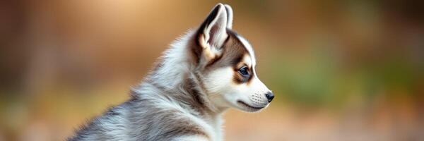 Siberian husky puppy with striking fur patterns resting outdoors in soft sunlight during autumn photo