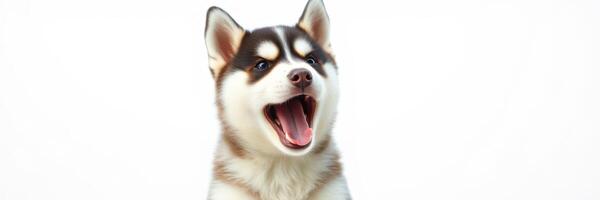 Siberian husky yawning against a plain background showcasing the breed's striking features and expressive demeanor photo