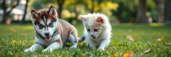 Playful puppy and curious kitten exploring a sunny park on a warm afternoon photo