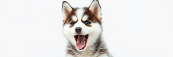 Happy puppy with playful expression poses for studio shot in bright setting photo