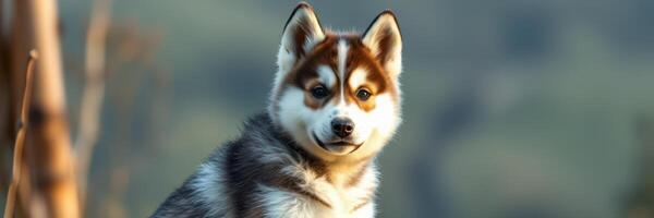 Cute husky puppy sitting outdoors with soft sunlight in the background during the day photo