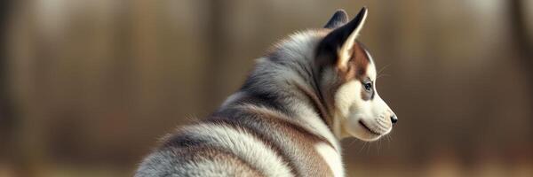 Siberian husky puppy sitting in a park on a sunny day, enjoying the calm surroundings with its playful demeanor photo