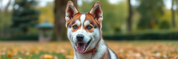 Happy dog playing in a park during autumn surrounded by colorful leaves photo