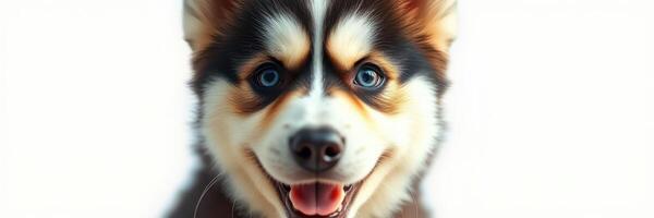 Happy puppy with striking blue eyes and fluffy fur poses for a close-up photo in a bright setting