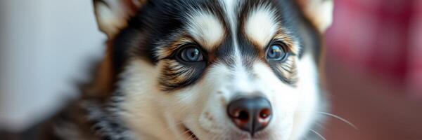 Playful puppy with striking blue eyes enjoying indoor light in a cozy atmosphere on a sunny day photo