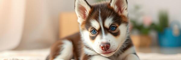 Cute husky puppy resting indoors with bright blue eyes and playful expression on soft rug in cozy living space during daytime photo