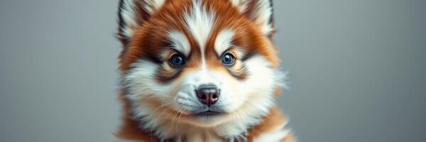 Cute fluffy puppy with brown and white fur sitting against a plain background in a cozy indoor setting photo