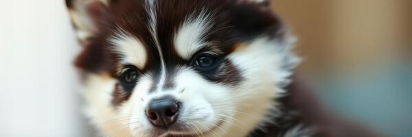 Cute black and white puppy with fluffy fur lying calmly indoors during the afternoon light photo