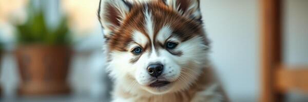 Cute fluffy puppy with striking fur pattern explores cozy indoor space in afternoon light photo