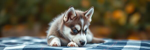 Cute husky puppy lying on checkered blanket in outdoor setting during golden hour photo