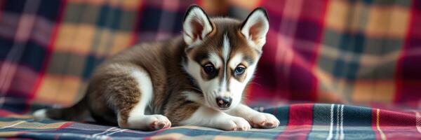 Cute husky puppy resting on checkered blanket in a cozy indoor space during the afternoon photo