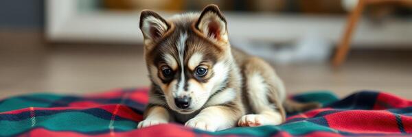Cute husky puppy playing on a colorful blanket in a cozy indoor setting during daytime photo