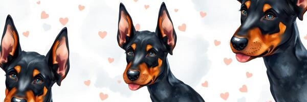 Cute Doberman puppies with hearts in background showcasing playful charm and affection photo