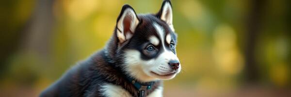 Playful husky puppy enjoying a sunny day in the park with vibrant autumn foliage photo