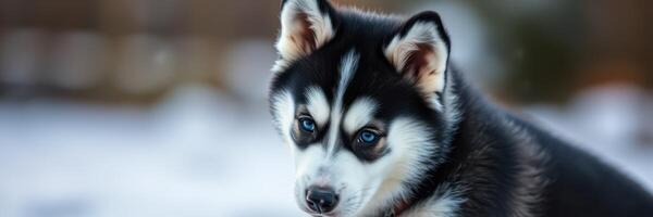Siberian husky with distinctive black and white fur in a snowy landscape during winter afternoon photo