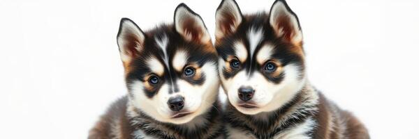 Two adorable husky puppies pose together against a white background, showcasing their striking fur patterns and playful demeanor photo