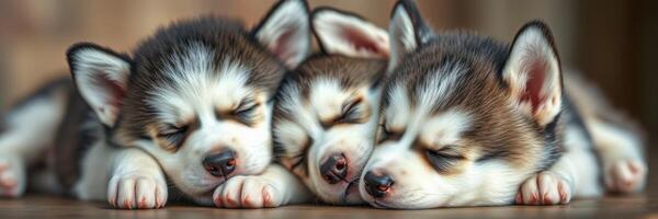 Three adorable husky puppies sleeping peacefully together on a wooden surface photo