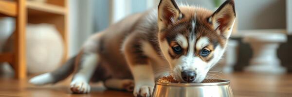 Cute puppy eating from a bowl in a cozy indoor setting on a sunny afternoon photo