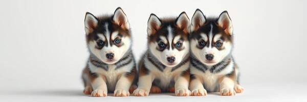 Three adorable husky puppies sitting together against a plain background in a cozy indoor setting during the daytime photo