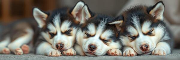 Three adorable husky puppies sleeping peacefully on a soft surface in a cozy indoor setting photo