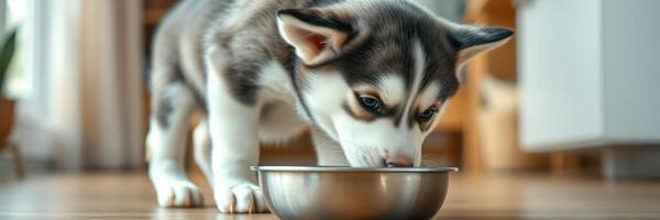 Cute husky puppy eating from a metal bowl in a cozy home setting during the afternoon photo